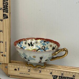 Vintage Japanese Porcelain Teacup Holder Gold Trim Footed Floral Design